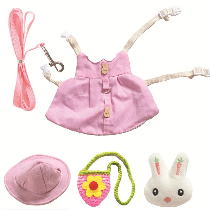 Cute Small Animals Harness Leash Set Print Dresses Guinea Pigs Bunny Rabbit Mouse Leashes and Clothing Outdoor Walking Suit